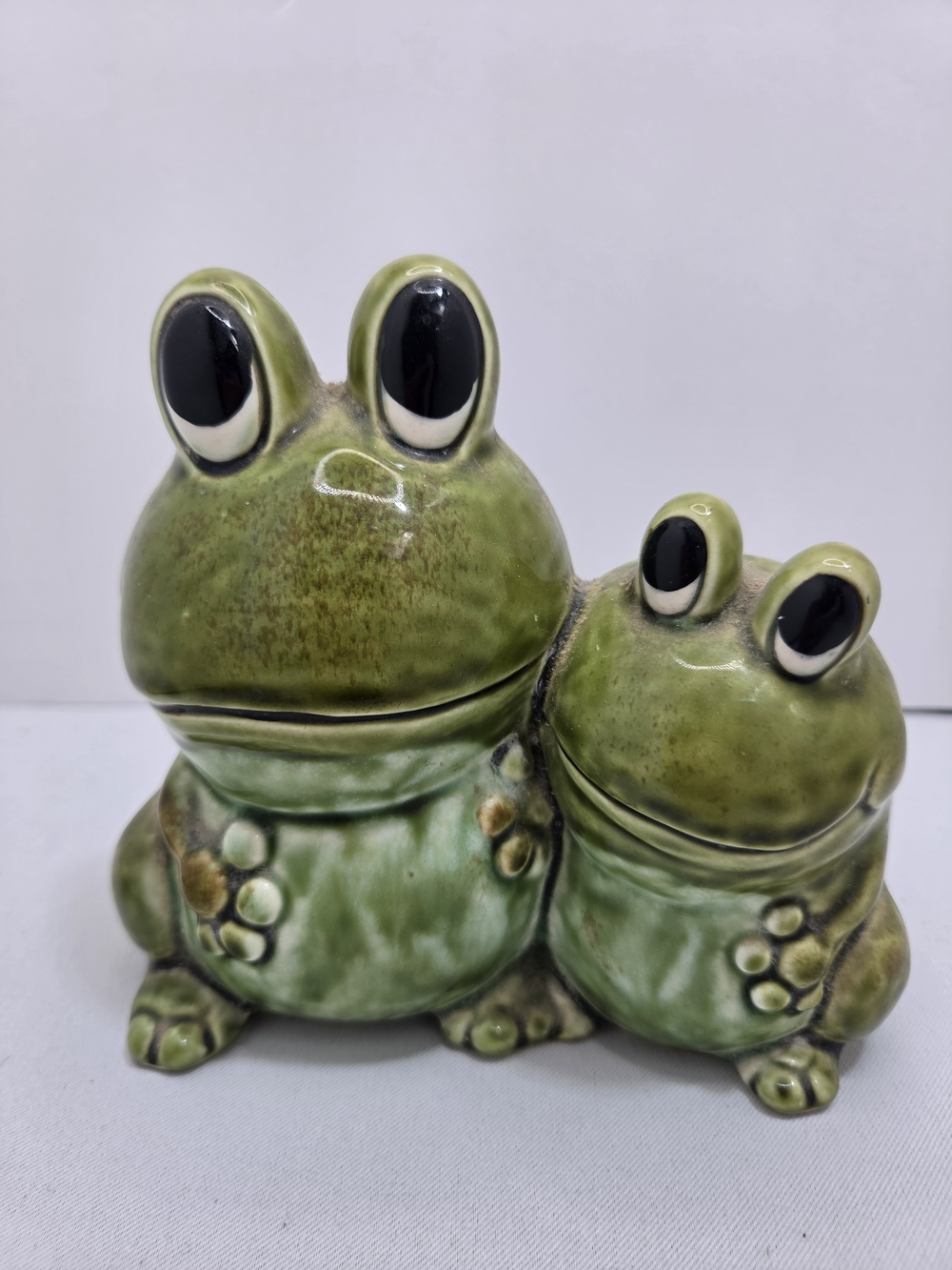Vintage Ceramic Double Frog Planter Figurine Green Drip Glaze Made in Japan